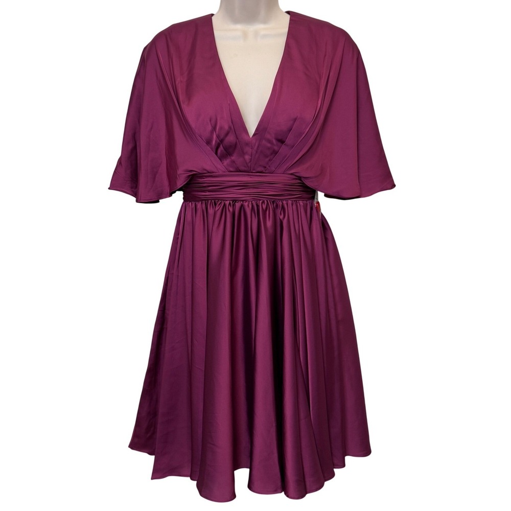 Ieena Mac Duggal 26605 Satin Flowy Cape Sleeve Mini Dress Size 0 Berry Elegant